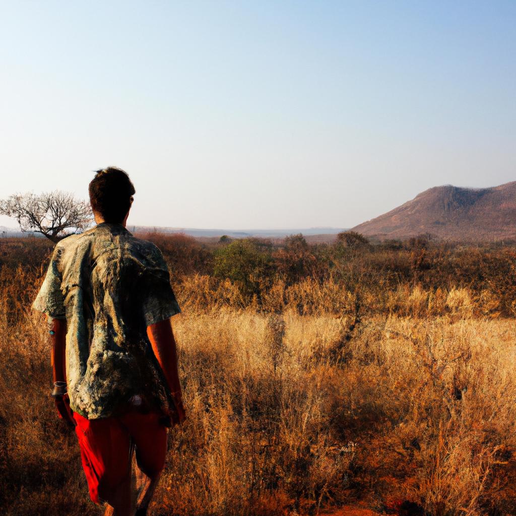 Person exploring African savannah landscape